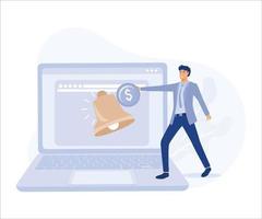 Subscription business model,  membership payment to use software on content concept, customer hand put coin on subscription bell on laptop. Flat vector modern illustration