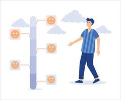 Customer feedback giving rating based on experience or quality from product and service, man trying to push customer feedback bar to be excellent smile. Flat vector modern illustration