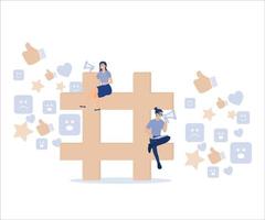 Social media marketing, hashtag followers or social strategy concept, marketer advertising team announce promotion on hashtag sign with social feedback.Flat vector modern illustration