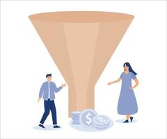 Marketing or sale funnel, online ads or purchase rate concept, business people marketer holding funnel with flow of purchase money, Flat vector modern illustration