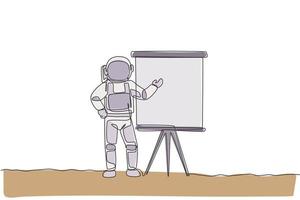 Single continuous line drawing of astronaut giving business presentation in company meeting. Business office with galaxy outer space concept. Trendy one line draw design vector illustration graphic