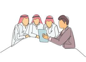 One single line drawing of young happy muslim businessman and colleagues discussing business. Saudi Arabia cloth shmag, kandora, headscarf, thobe. Continuous line draw design vector illustration