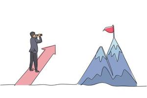 dibujo de una sola línea de un joven hombre de negocios inteligente mirando la cima de la montaña desde el signo de la flecha hacia arriba. concepto mínimo de crecimiento financiero empresarial. Ilustración de vector gráfico de diseño de dibujo de línea continua moderna