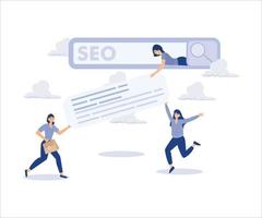 promote website or communication concept, businessman people help optimize website URL to 1st rank search bar. Flat vector modern illustration