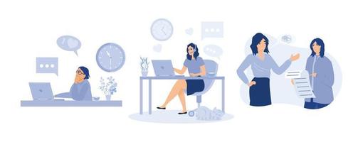 Home office concept woman working from home, student or freelancer. set flat vector modern illustration