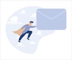 Email communication, sending message or information concept, businessman superhero carrying big email envelope flying to recipient address. Flat vector modern illustration