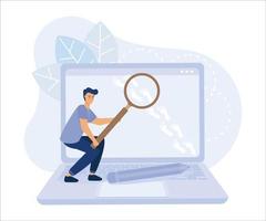 Website visitor tracking or digital footprint, businessman detective using magnifying glass to track visitor footpath on laptop computer. Flat vector modern illustration