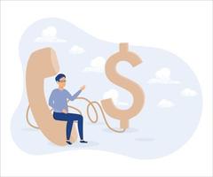 Telemarketing or telesales,  confidence salesman standing with telephone connected to money dollar sign. Flat vector modern illustration