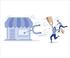 Customer retention, engagement concept, store front with magnet to draw customers. Flat vector modern illustration.