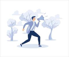Business shout out, attention and announce promotion concept, businessman using megaphone speak out loud to be heard in public.Flat vector modern illustration