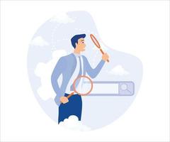 new job or explore websites concept, businessman with magnifying glass discover new websites from search box. Flat vector modern illustration