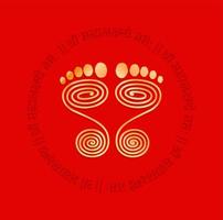 Golden footprints of Mahalaxmi with a mantra. Lord Laxmi footprints. vector
