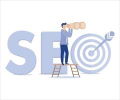 SEO, buscar motor mejoramiento a conducir tráfico o visitante a sitio web, empresario escalada arriba escalera en el palabra seo con flecha golpear objetivo. plano vector moderno ilustración