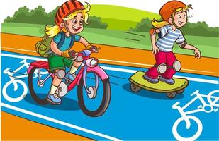 children cycling and skateboarding the bike path cartoon vector