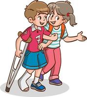 children Supporting Friend with Injured Leg, Friendship and Support, Disabled Person Enjoying Full Life Vector Illusion