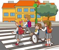 personas en calle. peatonal cruce la carretera en paso de peatones con calle luces dibujos animados vector