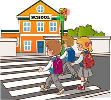 student children crossing pedestrian crossing going to school vector