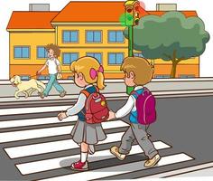 student children crossing pedestrian crossing going to school vector