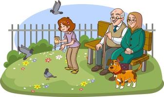 children feeding birds in park with grandparents vector