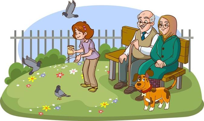 children feeding birds in park with grandparents