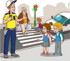 People on street. Pedestrian crossing road on crosswalk with street lights cartoon vector