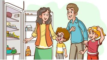 family looking at food with the refrigerator door open vector