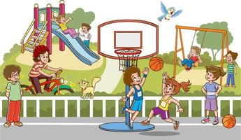 Vector illustration of happy kids playing in playground