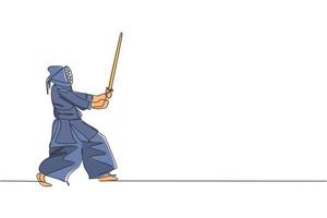 un dibujo de una sola línea joven enérgico ejercicio habilidad de kendo de defensa con espada de madera en el centro de gimnasio ilustración gráfica vectorial. concepto de deporte de lucha combativa. diseño moderno de dibujo de línea continua vector