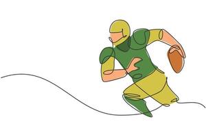 Single continuous line drawing of young agile man american football player running while hold the ball for competition media. Sport exercise concept. Trendy one line draw design vector illustration