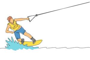 Single continuous line drawing of young sporty surfer man playing wakeboarding in the sea. Extreme dangerous sea sport concept. Summer holiday vacation. Trendy one line draw design vector illustration