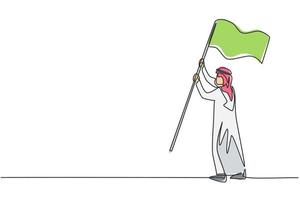 Single one line drawing of young Arab business man holding winning flag as achievement target. Business mission minimal metaphor concept. Modern continuous line draw design graphic vector illustration