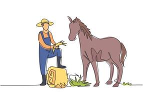 Single continuous line drawing young male farmer stomped one of its feet into the curled hay as it was about to feed the horse. Minimalism concept. One line draw graphic design vector illustration.