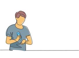 Single continuous line drawing man pours hand sanitizer into the palms of his hands to avoid germs and be more hygienic. Protection against covid-19. One line draw graphic design vector illustration.