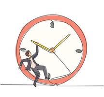 Single one line drawing of young business man hanging on clockwise of giant analog clock. Business time discipline metaphor concept. Modern continuous line draw design graphic vector illustration