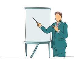 One single line drawing of young manager holding a tablet during business presentation at the office. Effective training presentation concept continuous line draw graphic design vector illustration