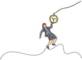 Continuous one line drawing young woman worker swinging on pocket watch chain to reach goals target. Time management business minimalist concept. Single line draw design vector graphic illustration.