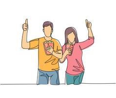 One line drawing of young happy couple giving thumbs up gesture and holding pop corn ready to watch the movie on theater. Entertainment concept. Continuous line graphic draw design vector illustration