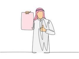 One single line drawing of young happy muslim manager proudly showing his work achievements. Saudi Arabia cloth shmag, kandora, headscarf, thobe ghutra. Continuous line draw design vector illustration