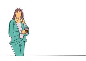 One continuous line drawing of young female marketing manager discuss sales strategy on phone while holding a cup of coffee. Drinking tea concept single line draw graphic design vector illustration