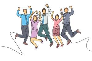 Single continuous line drawing of young happy male and female workers jumping after annual work meeting finish together. Business teamwork celebration concept one line draw design vector illustration