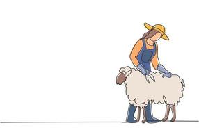 Single one line drawing of young female farmer was carefully shearing the fleece using scissors. Farming challenge minimal concept. Modern continuous line draw design graphic vector illustration.