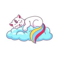 Cute funny cartoon caticorn sleeping on cloud vector