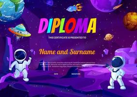 Kids diploma cartoon space landscape, astronauts