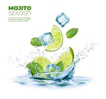 Mojito drink, lime with water splash and ice cubes