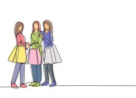 One single line drawing young group of happy women holding paper bags after shopping together at mall. Commercial retail fashion and makeup shopping concept. Continuous line draw design illustration vector