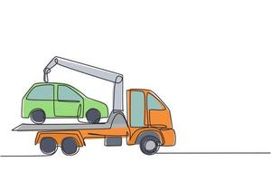 Single continuous line drawing tow truck is transporting a broken car on top of it with a crane. The car is taken to the garage for service. Dynamic one line draw graphic design vector illustration.