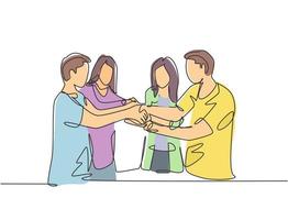 Continuous line drawing of young business group holding hand together as a great team. Business teamwork concept. Single line drawing design, vector graphic illustration