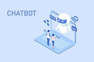 chatbot tecnología concepto, Pareja chateando con robot, preguntando preguntas y recepción respuestas ai asistente apoyo vector ilustración