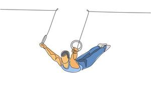 Single continuous line drawing young handsome professional gymnast man perform acrobatic motion. Steady rings training and stretching concept. Trendy one line draw design graphic vector illustration