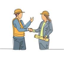 One line drawing of young architect woman and builder foreman wearing construction vest and helmet shaking their hands together. Great teamwork concept. Continuous line drawing, vector illustration